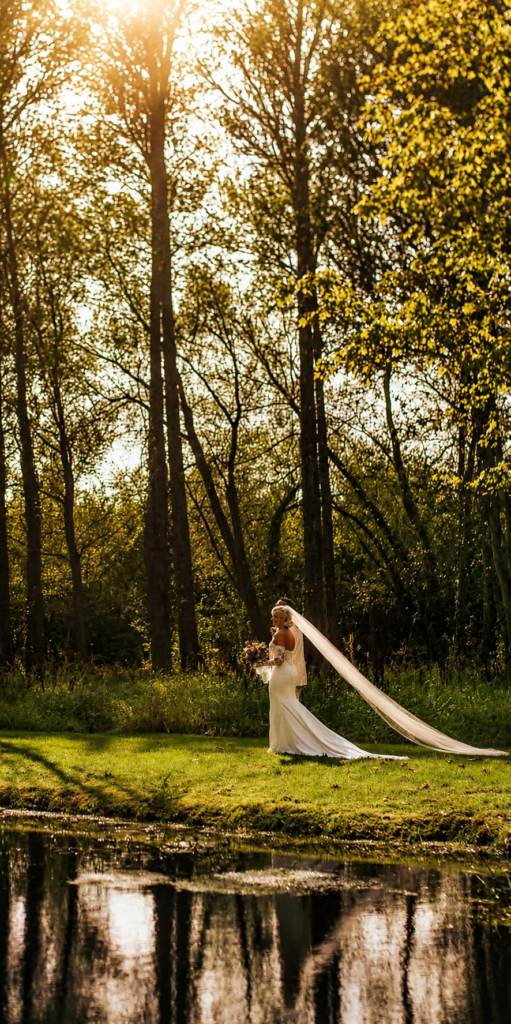 South Croydon bride wearing couture altered Maggie Sottero wedding dress with dramatic long veil in London
