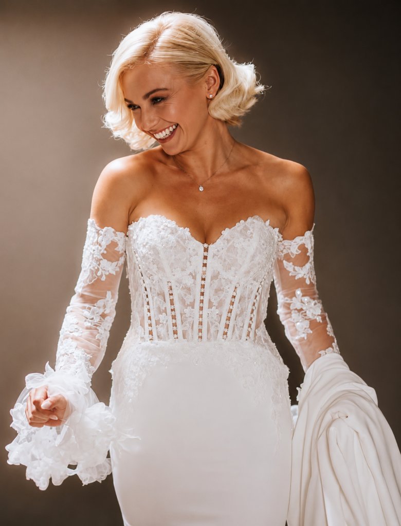 South Croydon bride wearing couture altered Maggie Sottero wedding dress with dramatic long veil