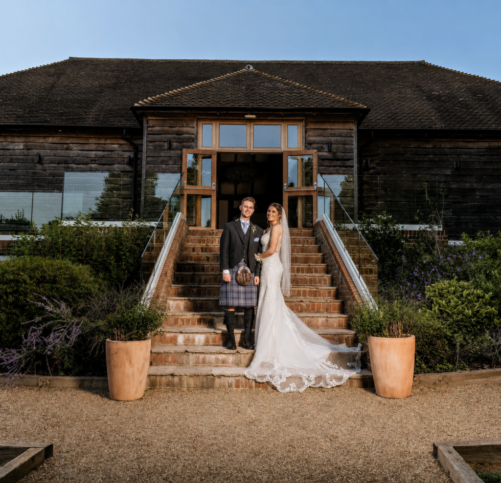 Bride wearing reconstructed Stella York sample 6914 sale wedding dress after couture bridal alterations in Sutton Surrey