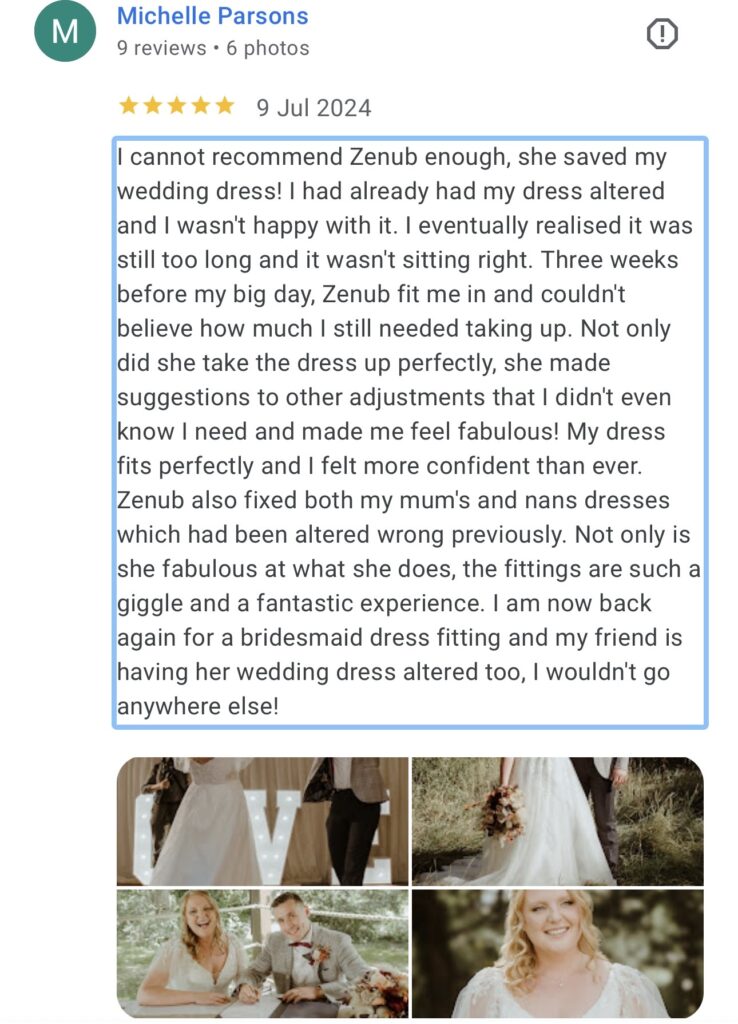 Five star review for corrective WED2B bridal alterations in Surrey