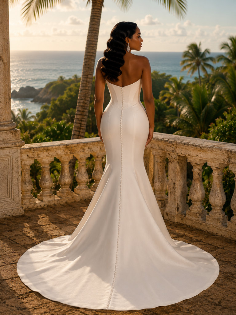 Luxury destination wedding bridal alterations for Élysée Bridal Florentina gown and detachable train back view