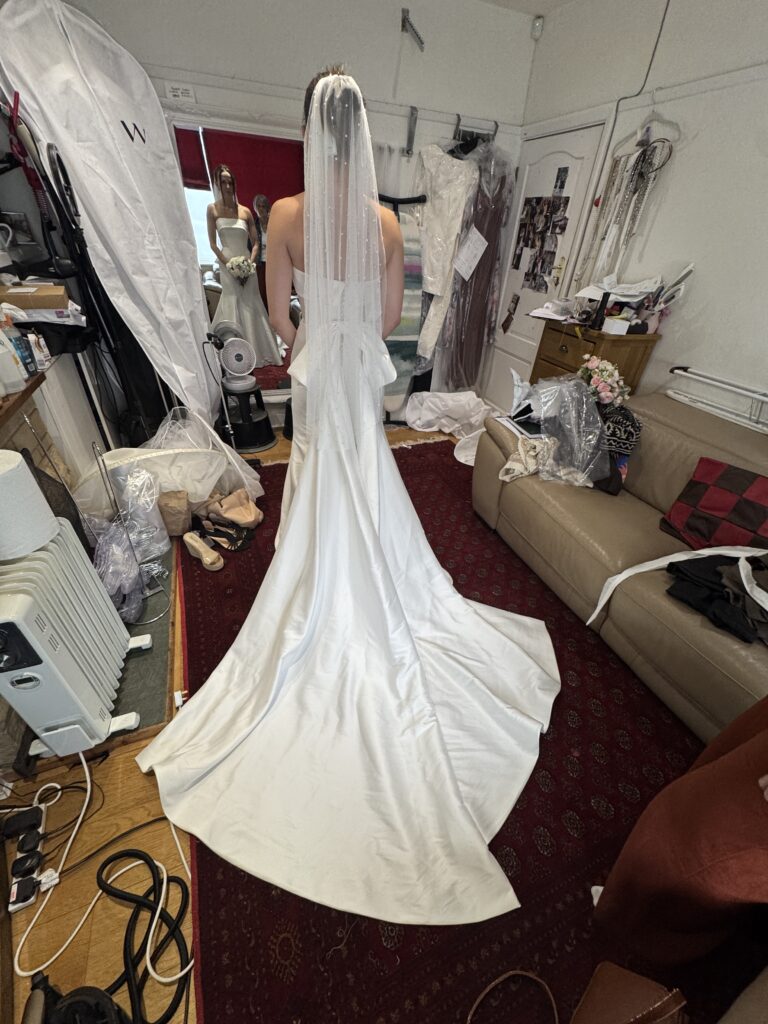 final fitting at my Sutton Studio showing perfectly fitted dress to my bride.