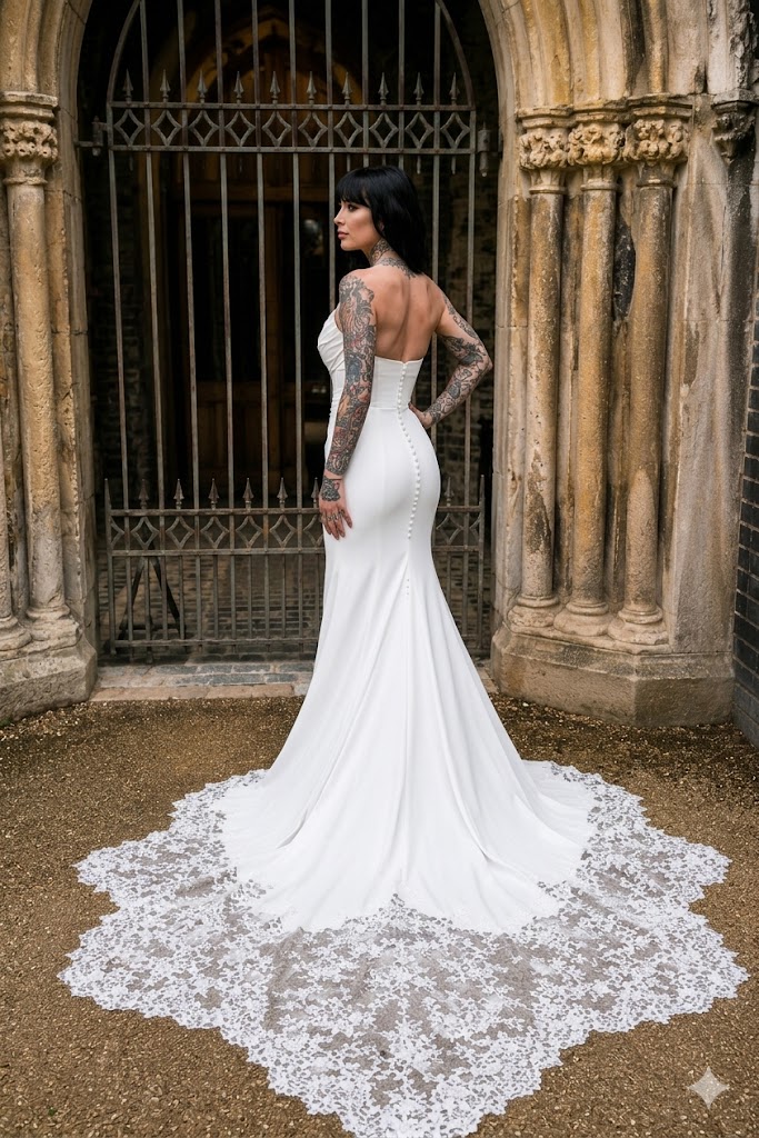 Luxe Privée wedding dress lace reconstruction following previous bridal alterations in St. Louis Missouri before corrective alterations in Sutton Surrey back view