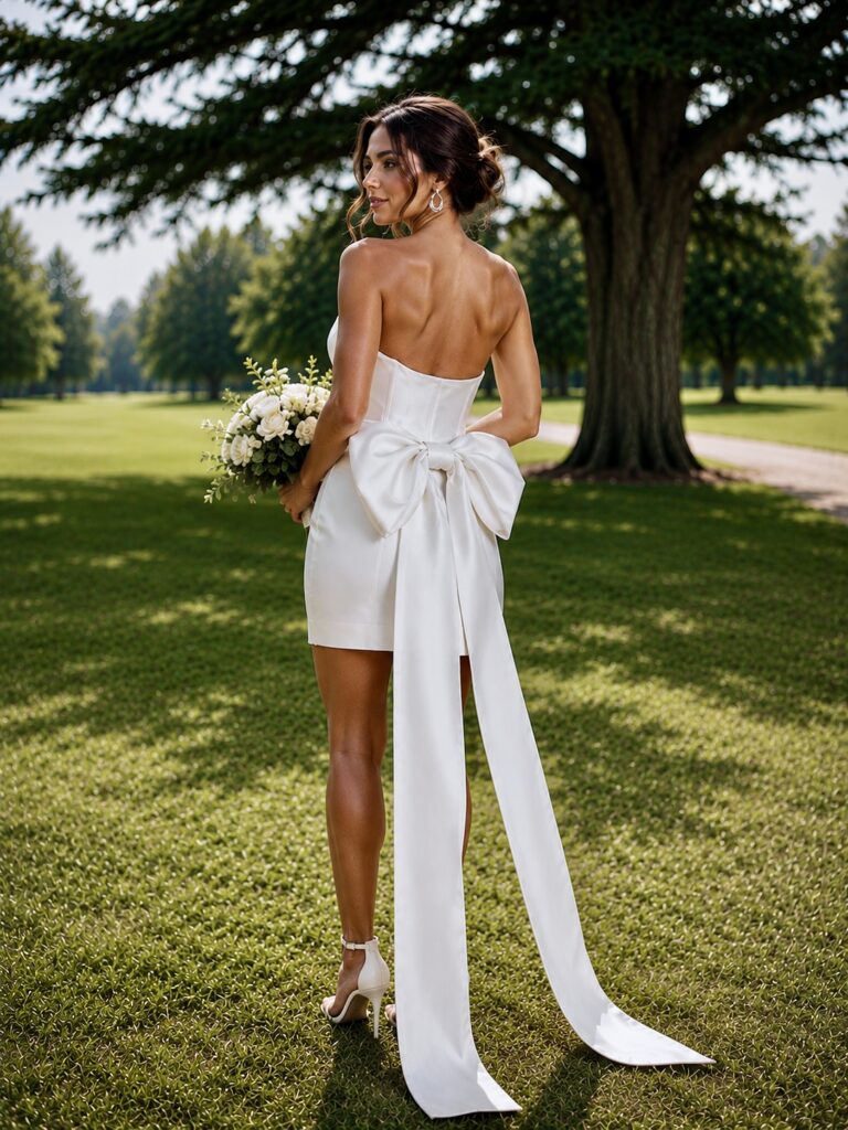 Catherine Deane Avalon Midi dress with features bow detail with ties all properly fitted to hour glass proportions of South Croydon bride