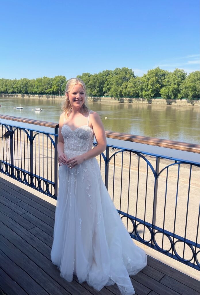 Bridal Alterations Tooting,Bride wearing her altered Justin Alexander Florita wedding dress by the River Thames