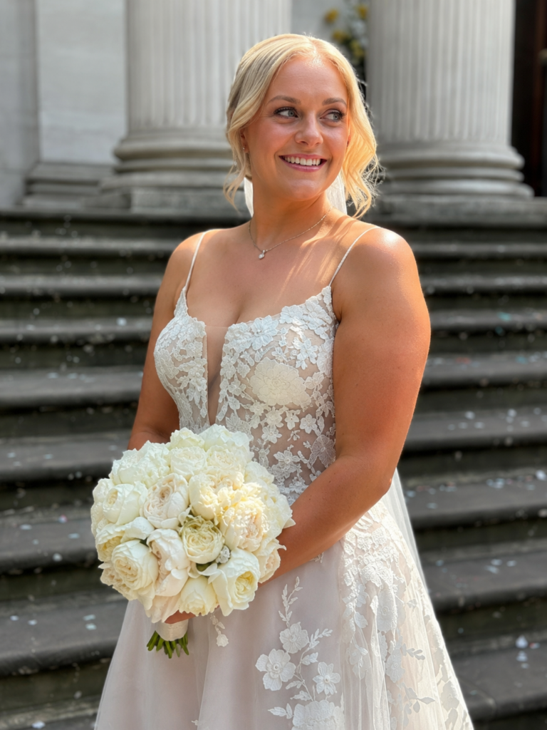 Wedding dress alterations Wimbledon for a real bride on her wedding day close up of bodice
