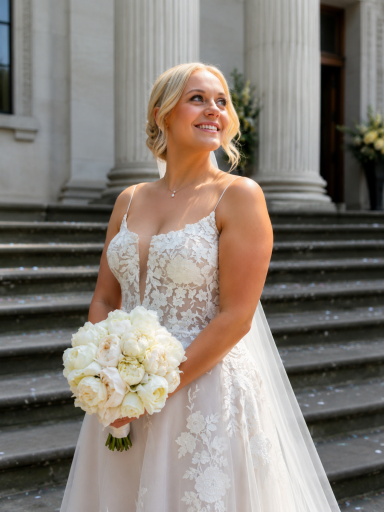 Wedding dress alterations Wimbledon for a real bride on her wedding day grand dads keepsake sewn in dress