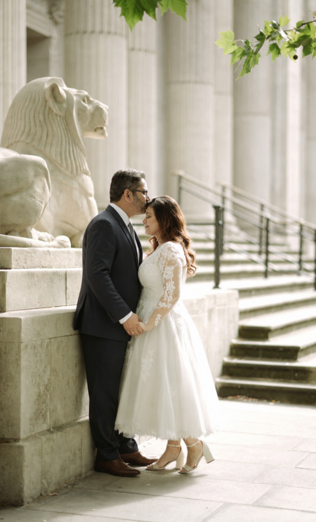 Bridal Alterations Canary Wharf bride and groom forehead kiss