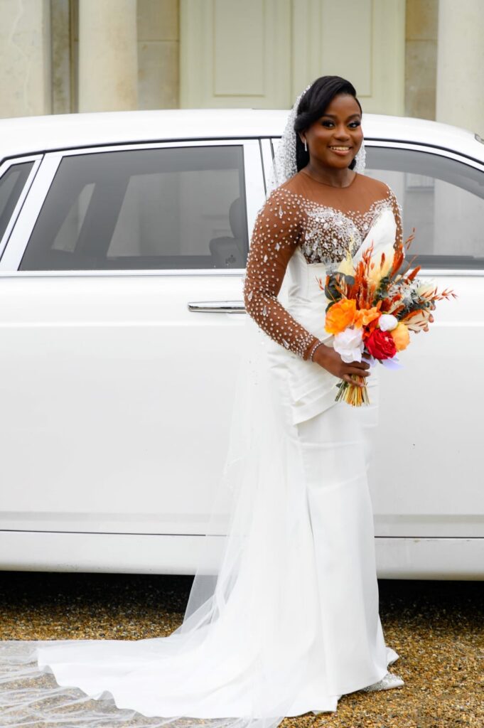 Bride arriving for her wedding in a custom wedding dress expertly altered to fit perfectly.