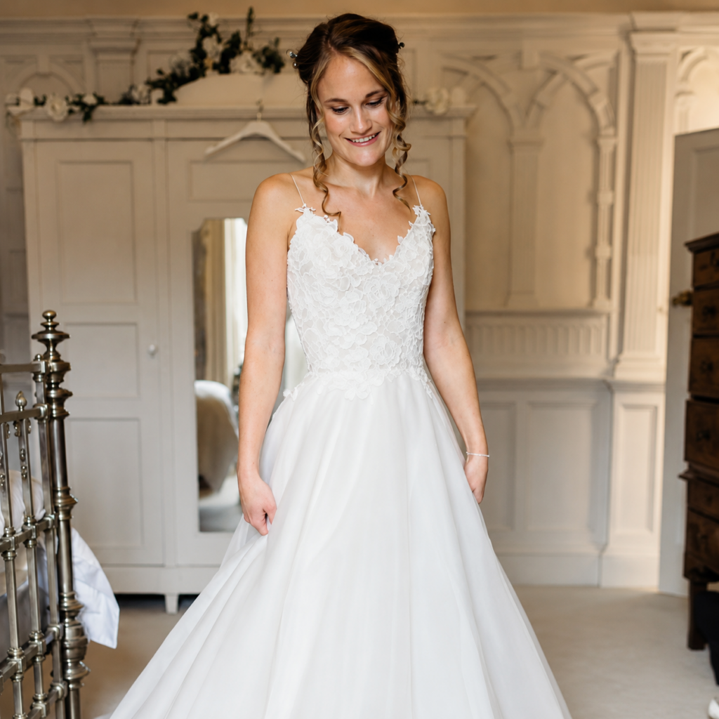 Bride wearing a lace bodice Caroline Castigliano bridal dress with fitted spaghetti straps and full tulle skirt following wedding dress alterations to a perfect fit