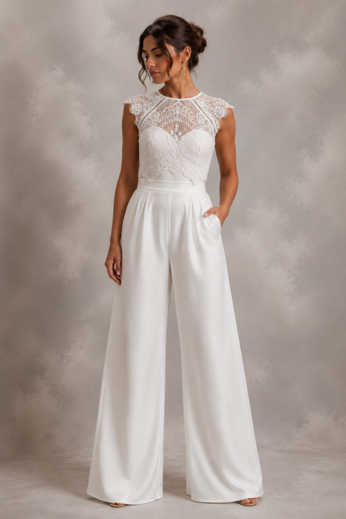 Bride wearing her Ryo Jumpsuit by Catherine Deane Bridal Alterations