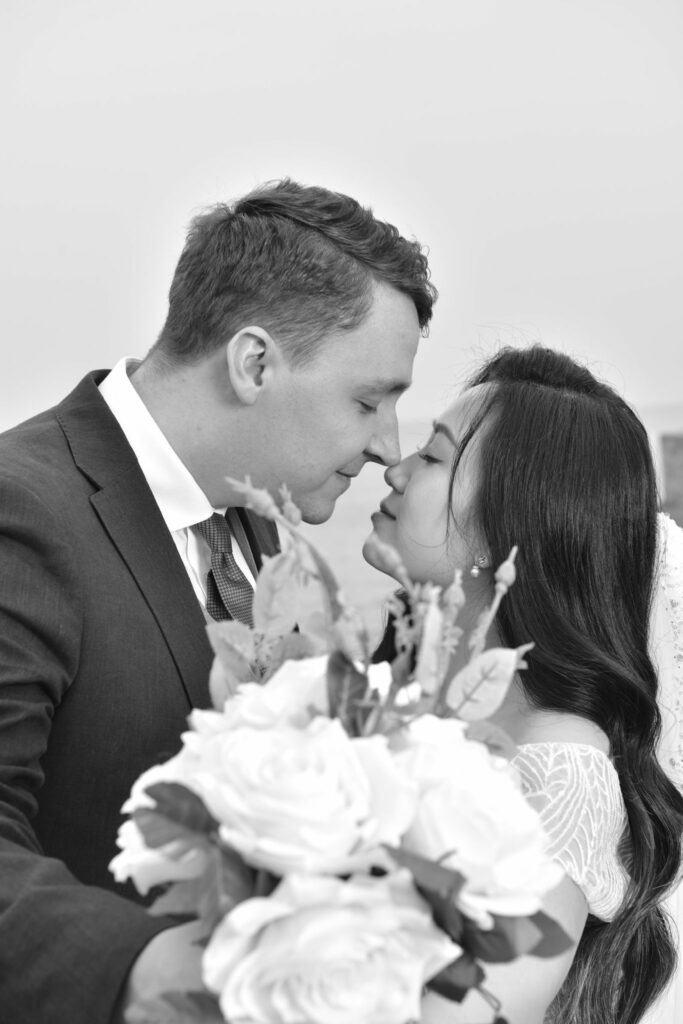 Petite bride wearing altered Monreal Lindsay wedding dress