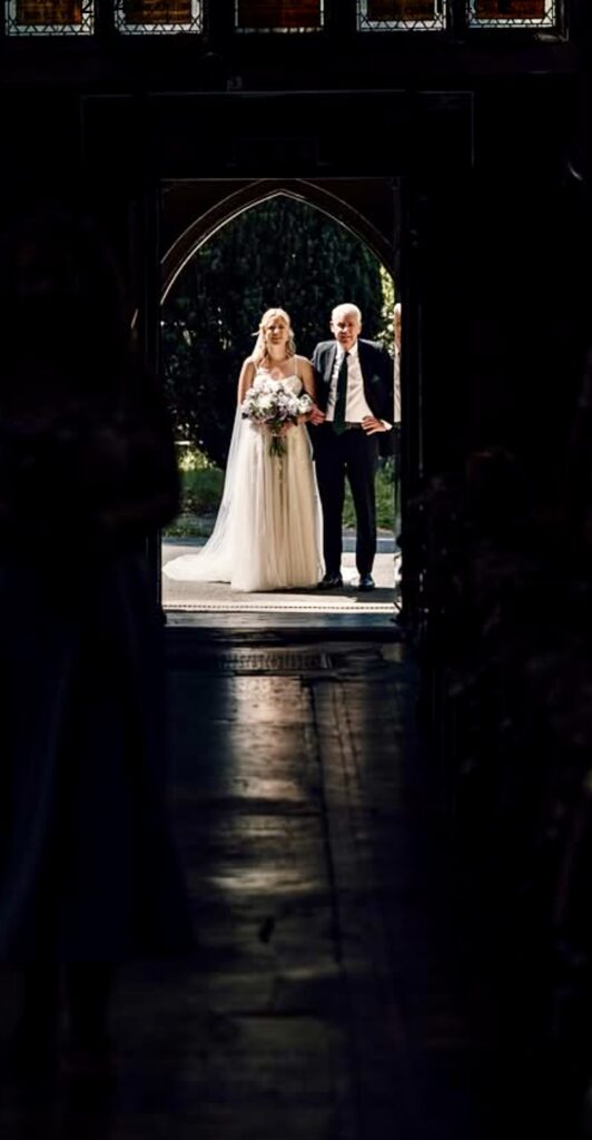 Justin Alexander Florita wedding dress after couture bridal alterations to a perfect fit during ceremony with her father Tooting, London Bride.