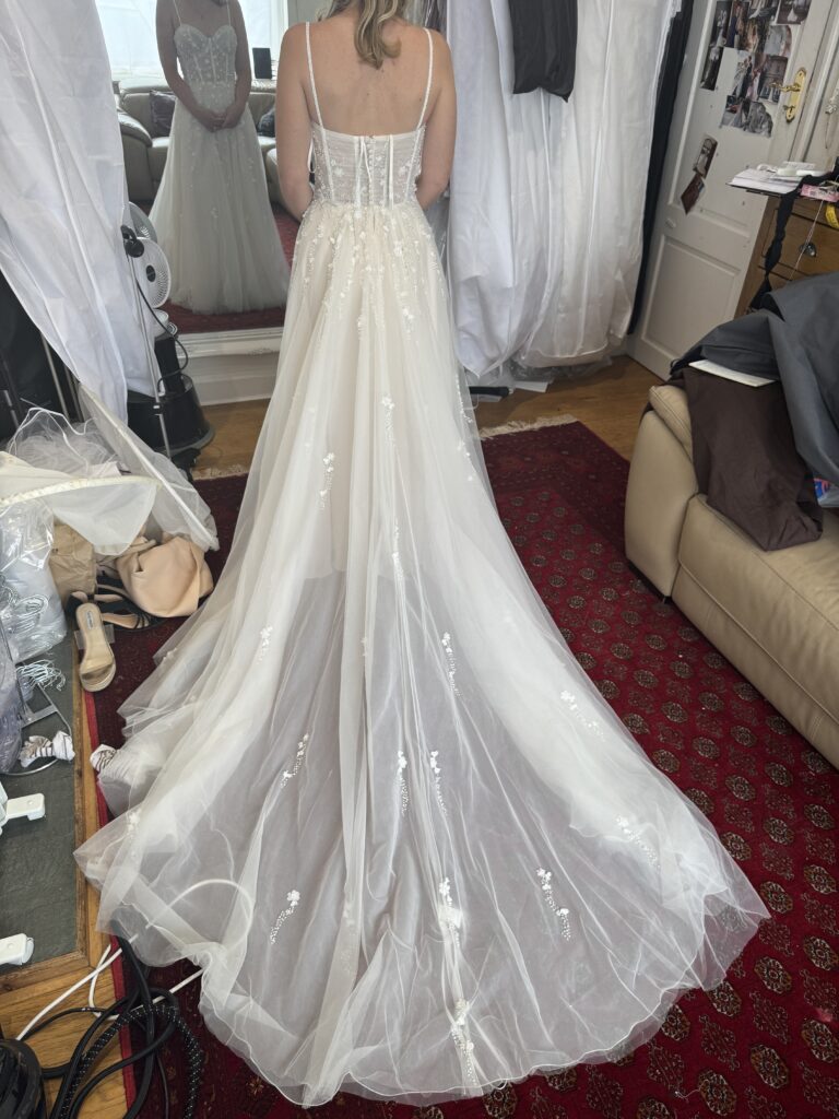 Bride wearing her altered Justin Alexander Florita wedding dress.