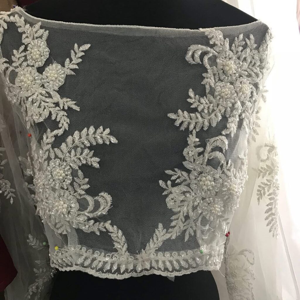Couture pattern drafting for a bespoke illusion bridal bolero created from scratch finished