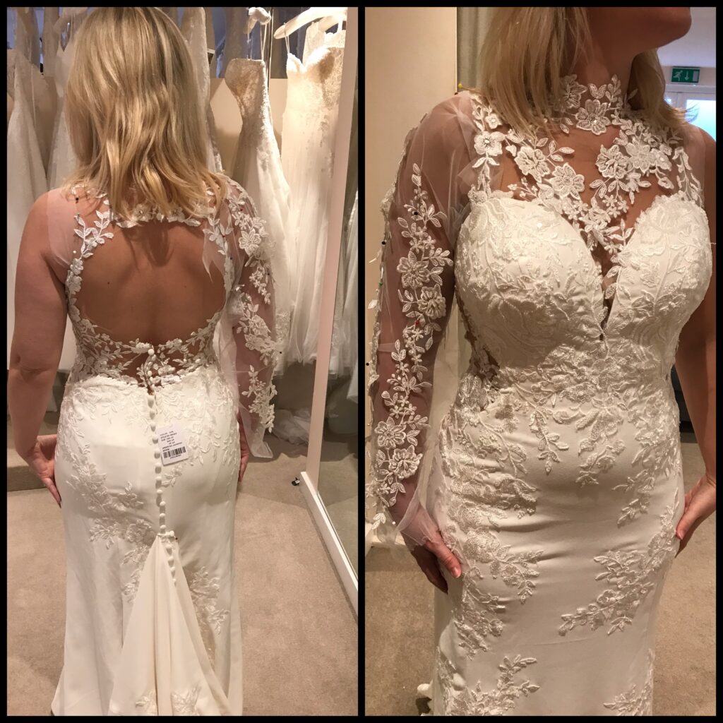Original Stella York 6916 wedding dress before couture bridal alterations showing sleeveless illusion bodice and open back at first fitting