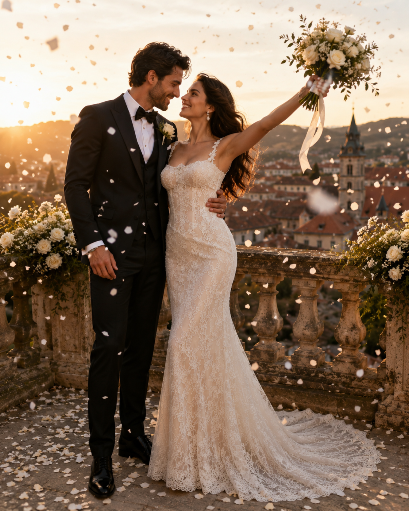 confetti bride and groom