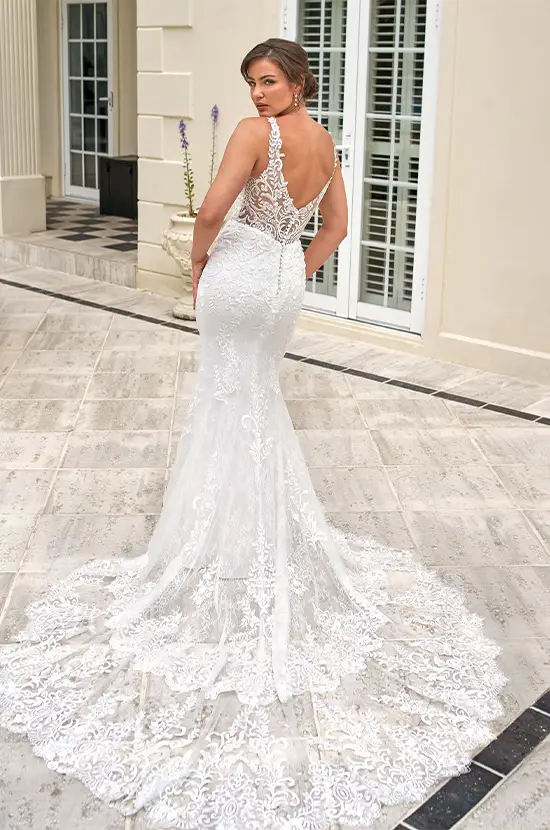 Wedding Dress Alterations WED2B Diego gown with illusion back and lace train for a Horsham bride before adjustments.
