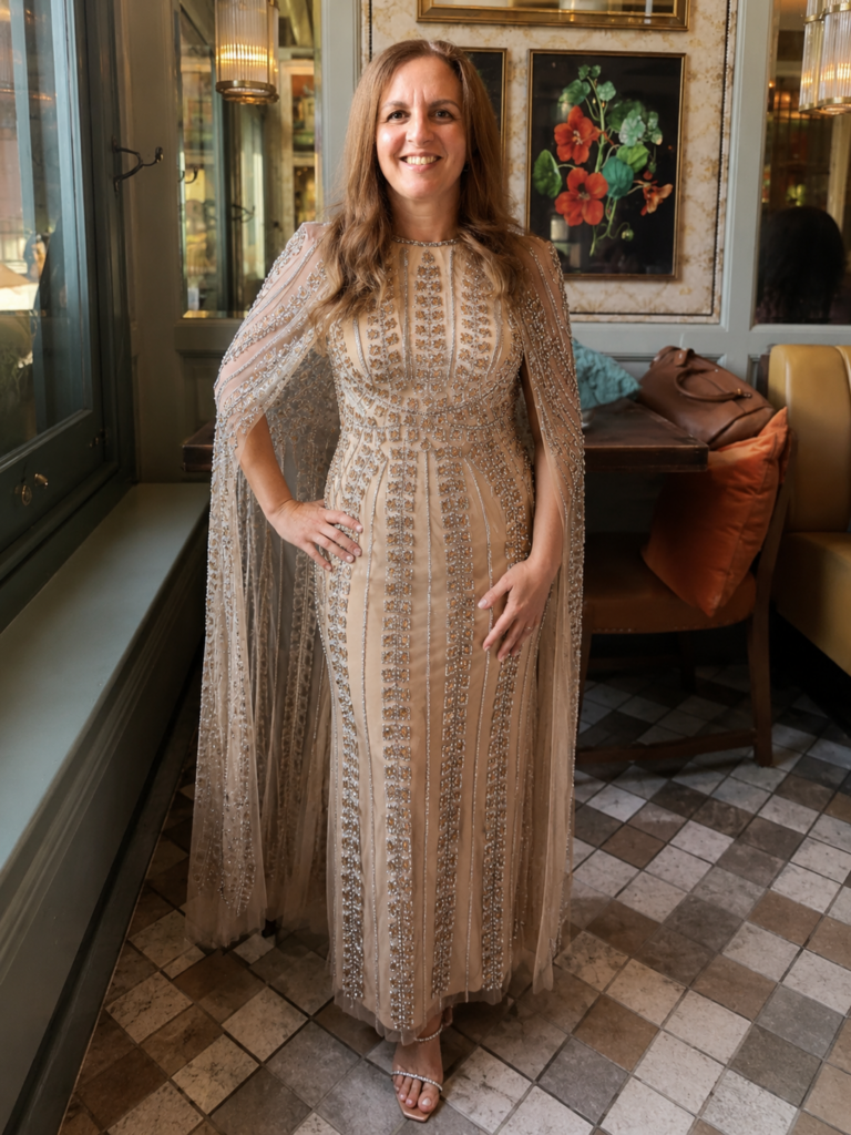 Karen Milleam heavily beaded dress with beaded caoe sleeves full alterations of hem and liftinh shoulders done