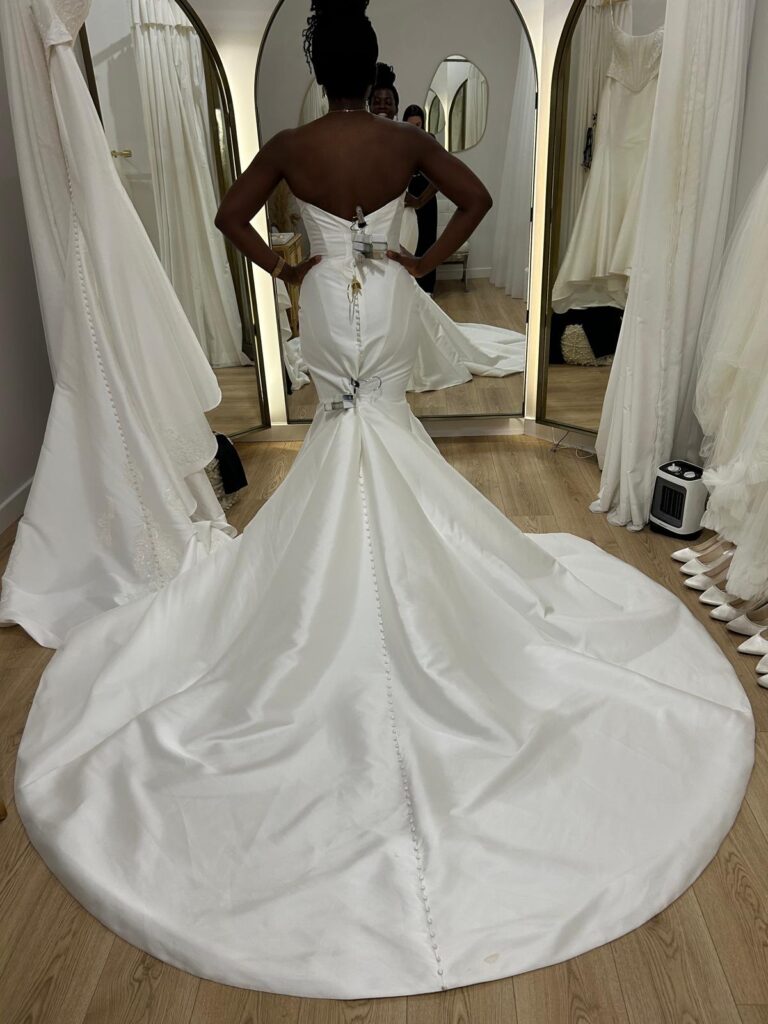 Original Blue By Enzoani wedding dress before couture bridal alterations back view