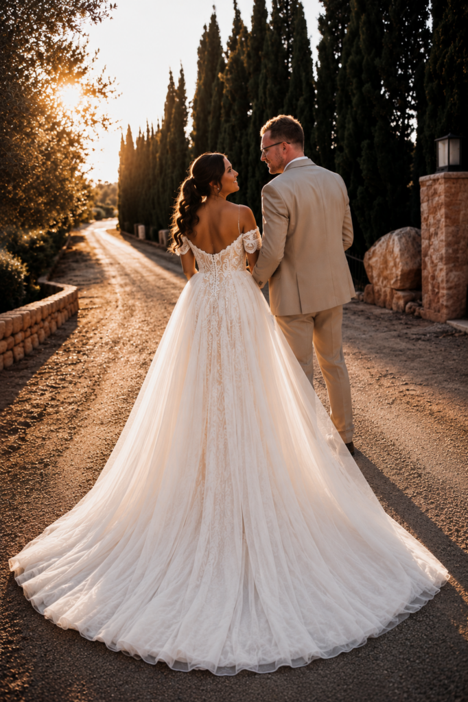 Destination wedding bride wearing  gown with bespoke sleeves and detachable overskirt cape
