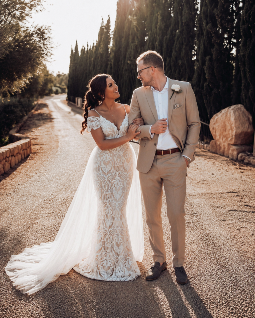 wedding dress transformed with bespoke Bardot sleeves, detachable cape and specialist couture adjustments for a wedding abroad 