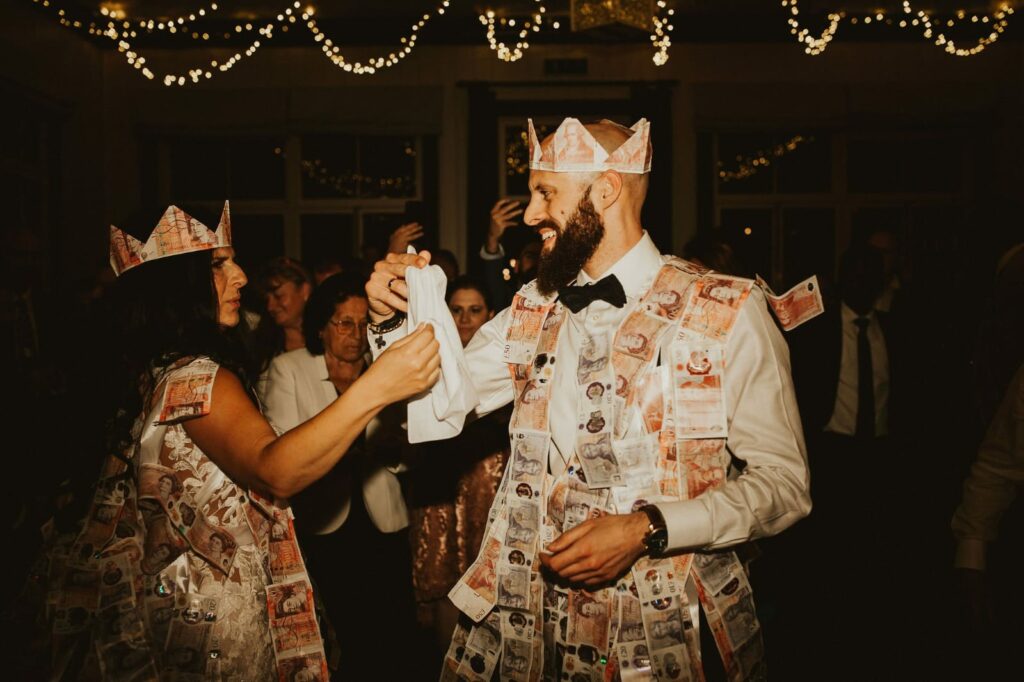 Wedding dress bustle allowing comfortable movement during the evening reception