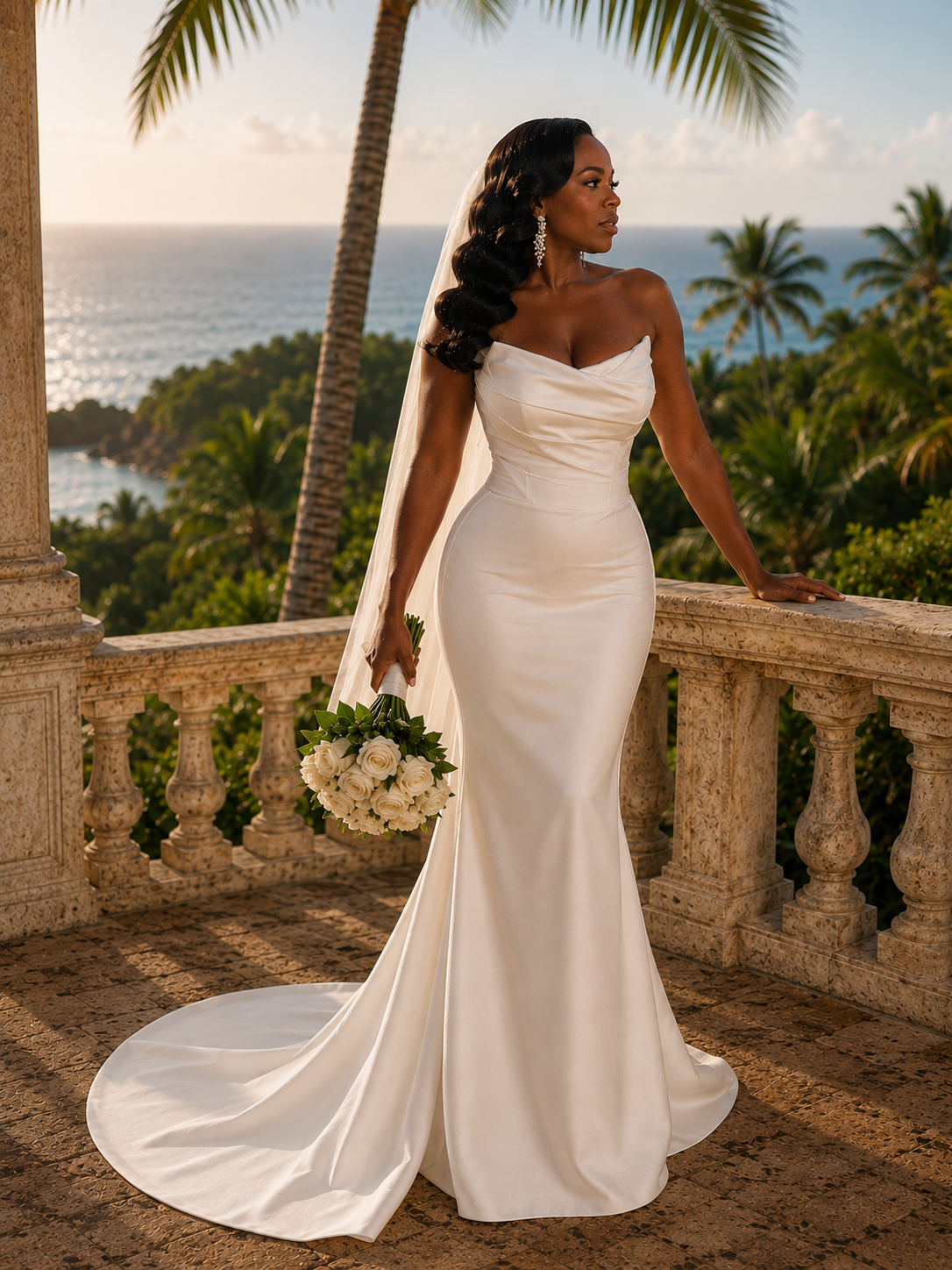 Detachable train alterations example of a Norbury brides wedding dress transformation for a destination wedding in Jamaica.