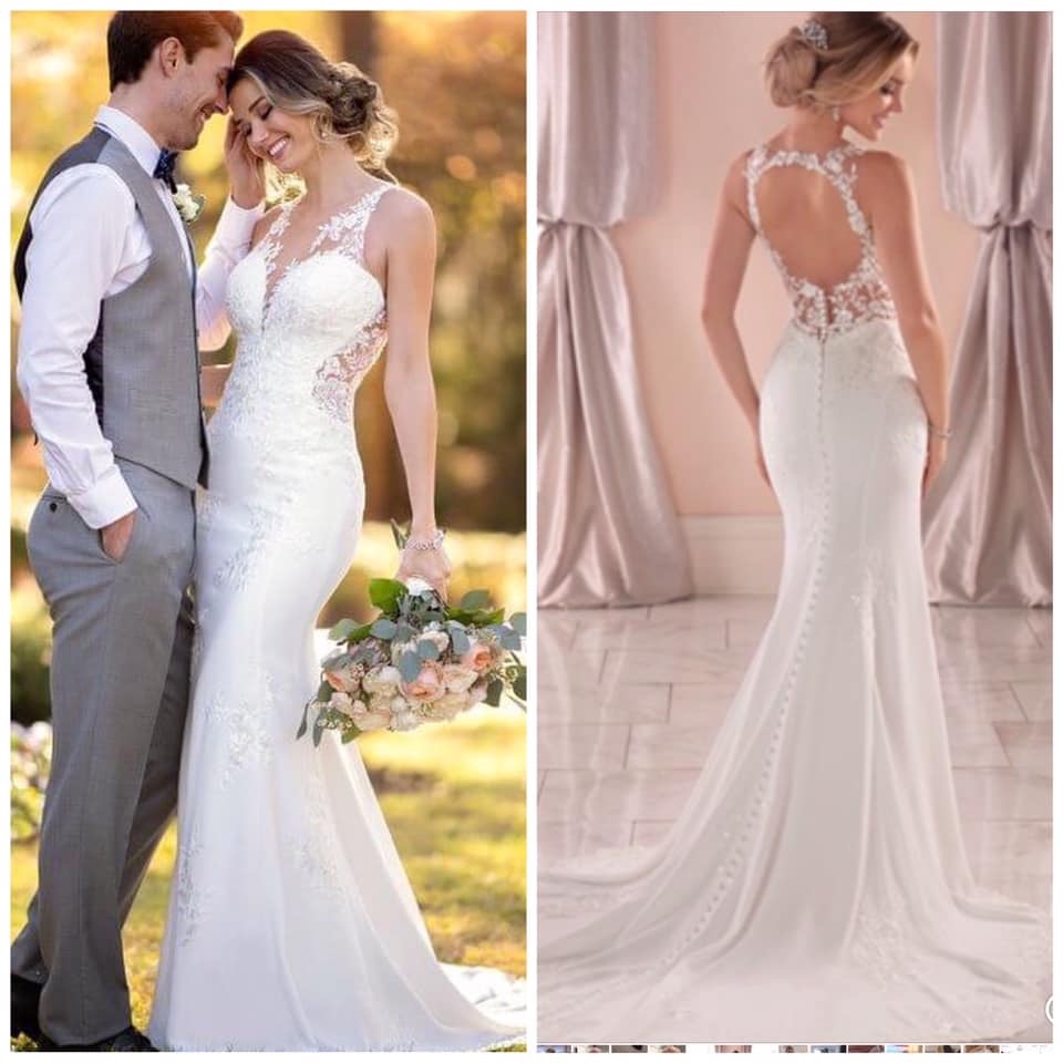 Original Stella York 6916 wedding dress before couture bridal alterations showing sleeveless illusion bodice and open back.
