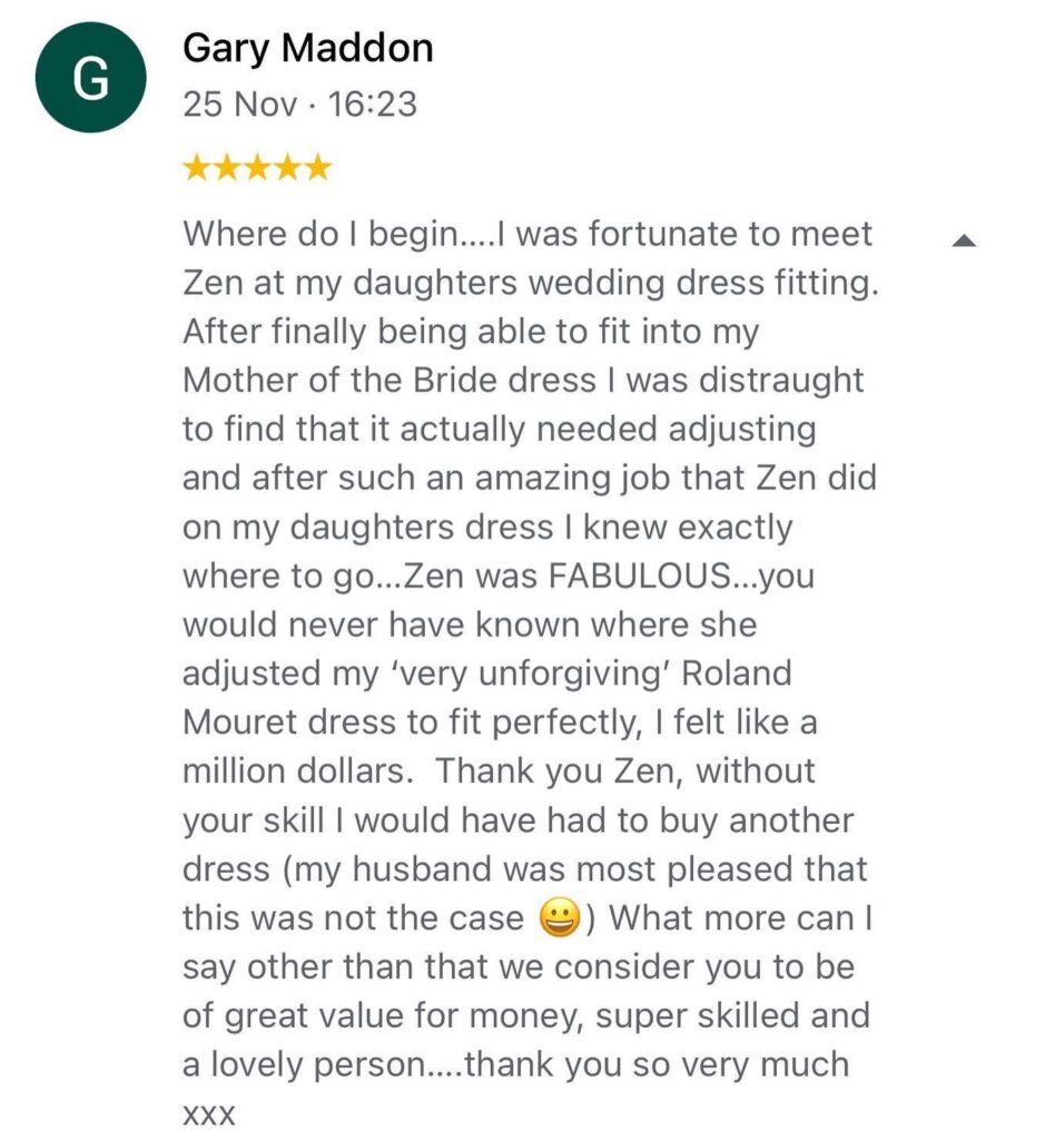 Roland Mouret Dress Alterations review left by Mother of Bride