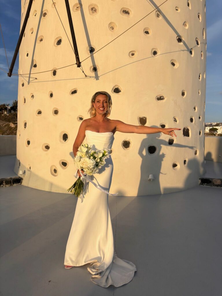Bride from Fulham destination Santorini wedding wearing a beautifully fitted Khya wedding dress