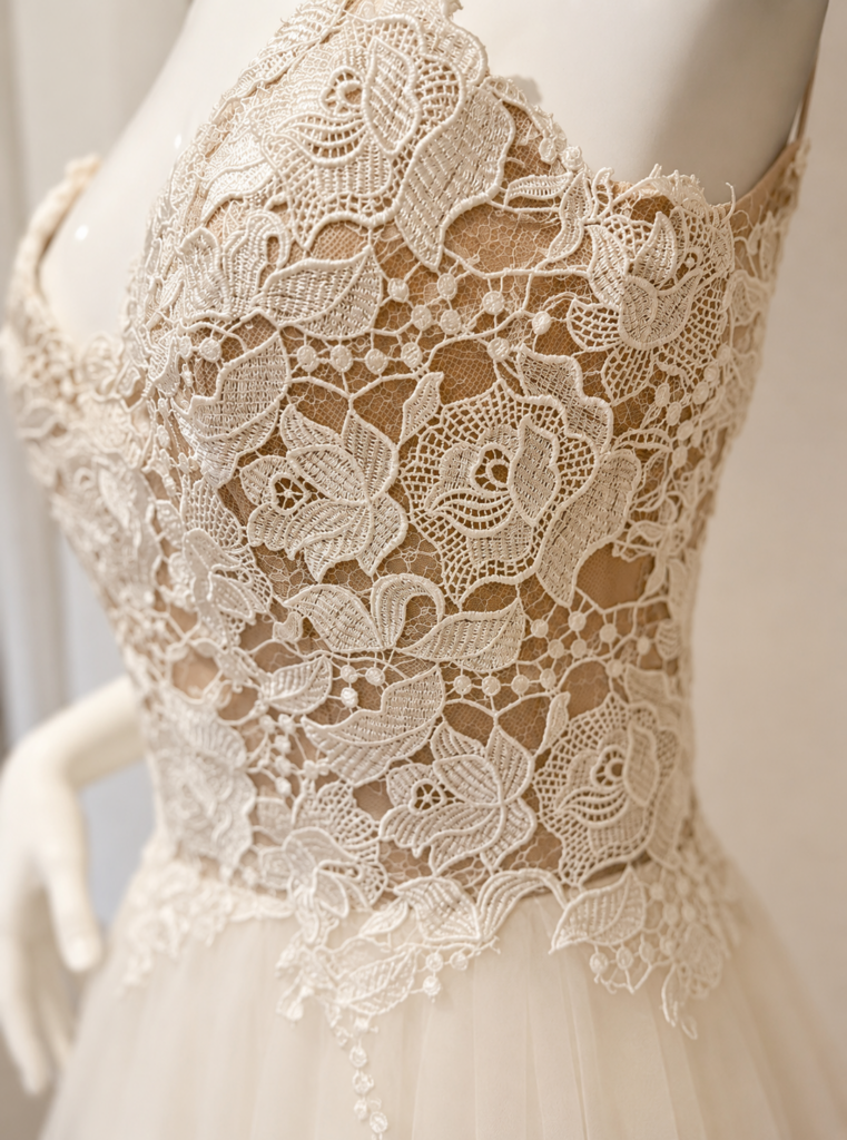 close up of dress side view on mannequin body Caroline Castigliano bridal alterations