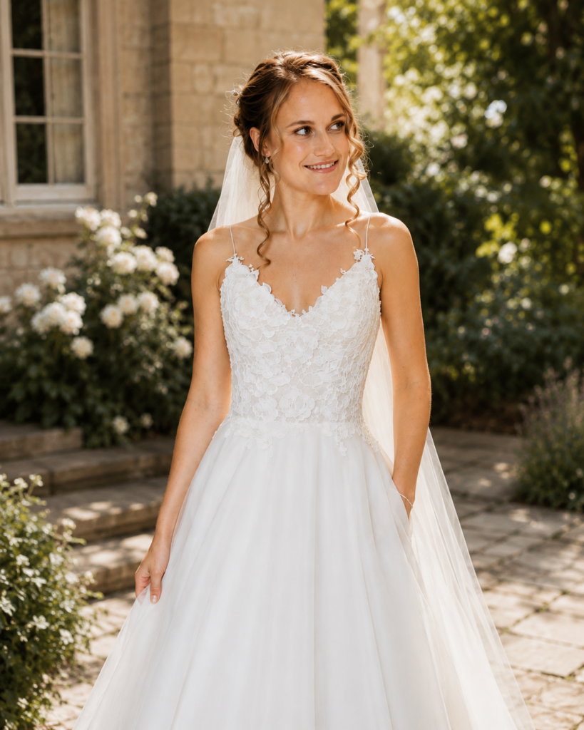 Bride wearing a lace bodice Caroline Castigliano wedding dress with fitted spaghetti straps and full tulle skirt following bridal alterations