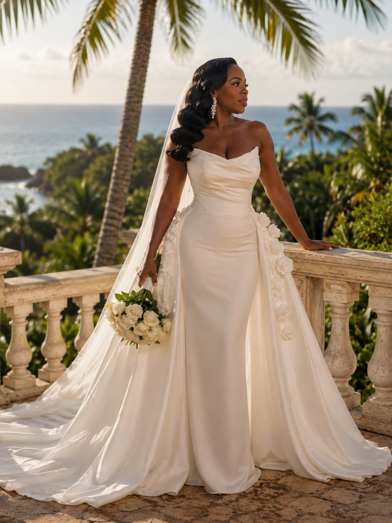 Expert Élysée Bridal alterations for a Florentina wedding dress, Hidden corsetry, hemming, bustle creation and detachable overskirt fitting for a destination wedding Jamaica 