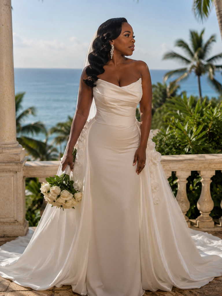 Élysée Bridal Florentina destination wedding dress with detachable floral train after couture bridal alterations