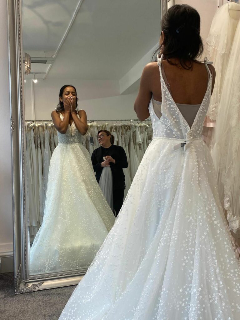Essense of Australia D3858 Betsy wedding dress before bridal alterations for a Cheam bride