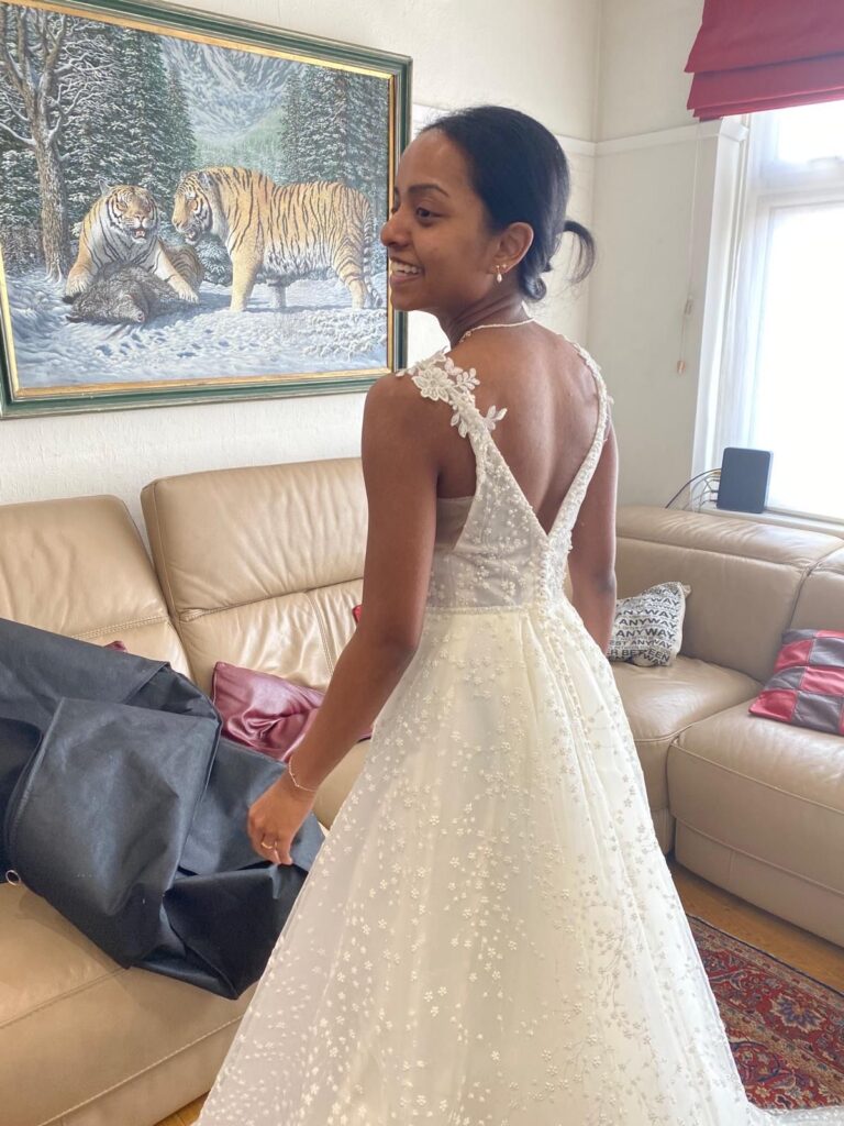 Essense of Australia D3858 Betsy wedding dress after bridal alterations for a Cheam bride final fitting at my cheam Studio