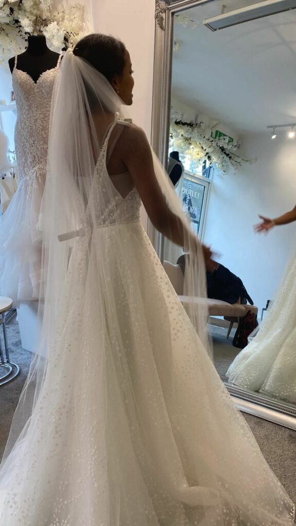 Essense of Australia D3858 Betsy wedding dress at outlet by aurora before bridal alterations for a Cheam bride