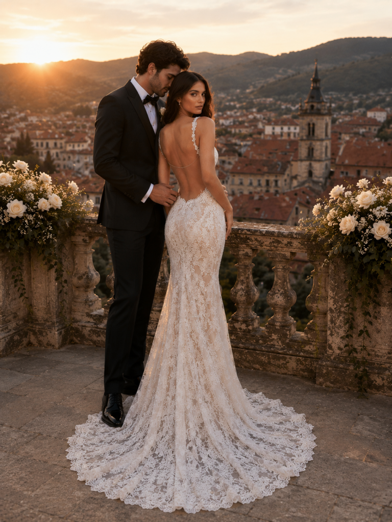 Back view of a couture Galia Lahav inspired wedding dress highlighting illusion lace and elegant train.