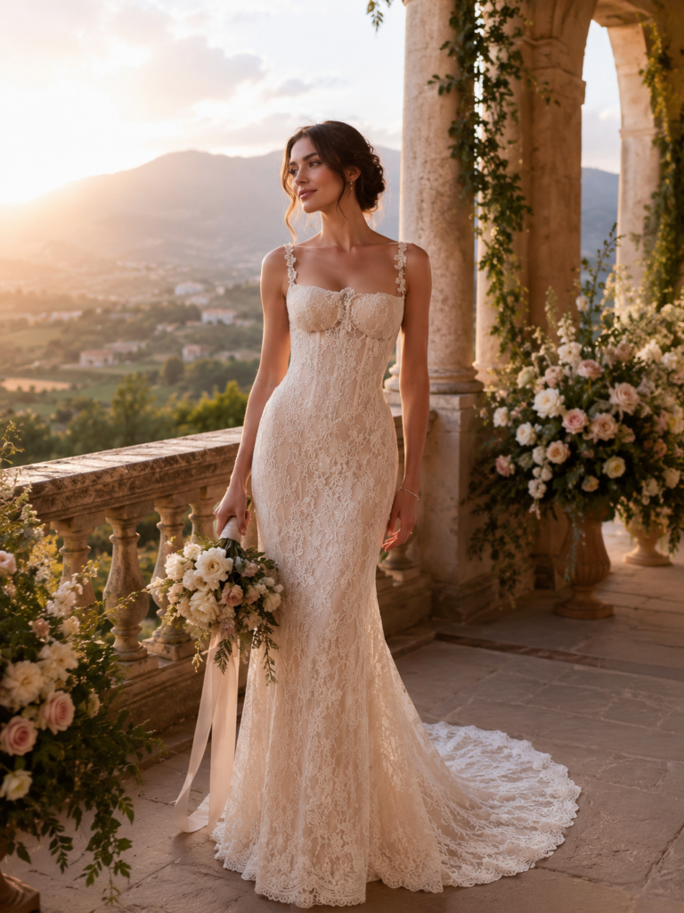 Front view of a couture Galia Lahav inspired wedding dress showing the fitted silhouette and illusion detailing.