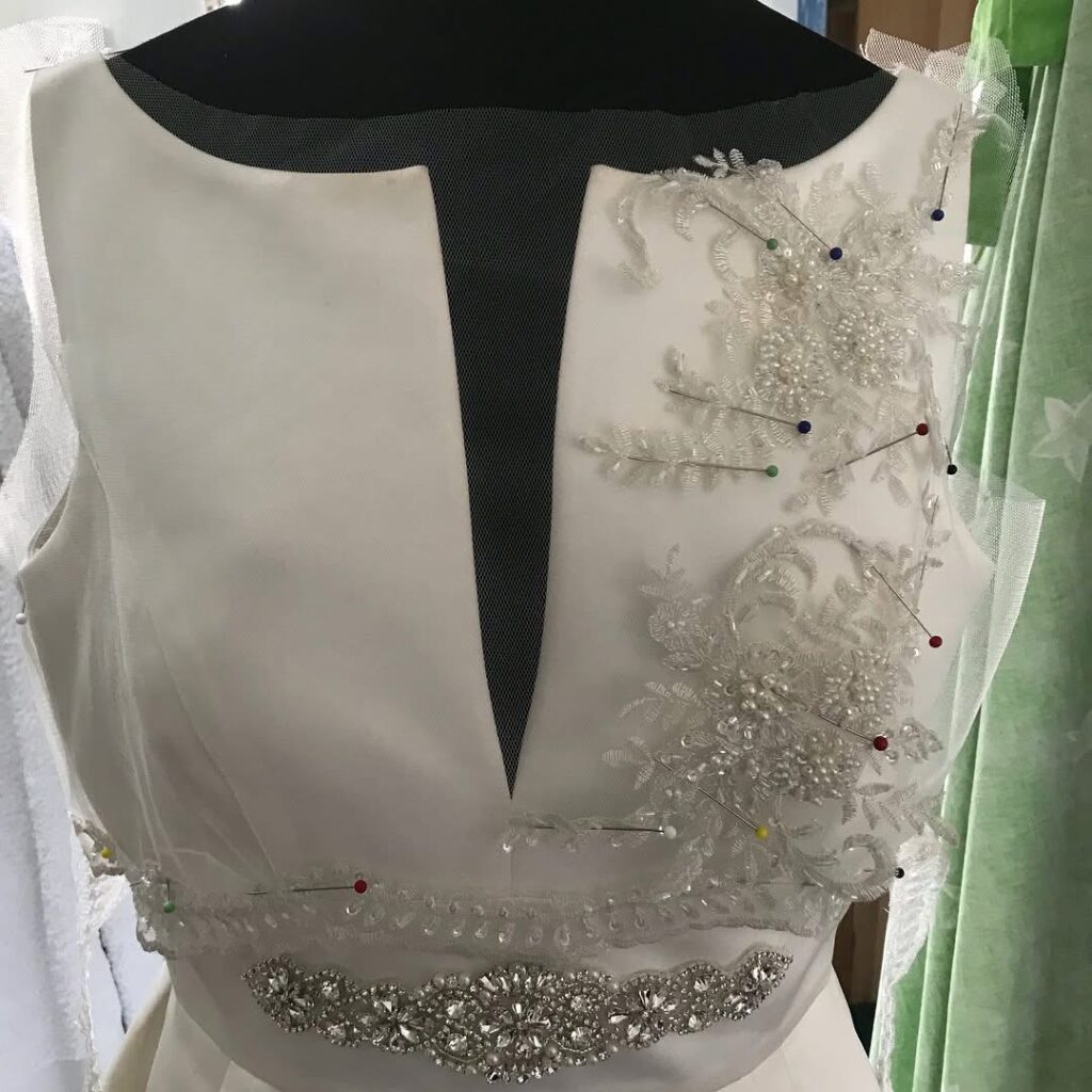 Couture pattern drafting for a bespoke illusion bridal bolero created from scratch