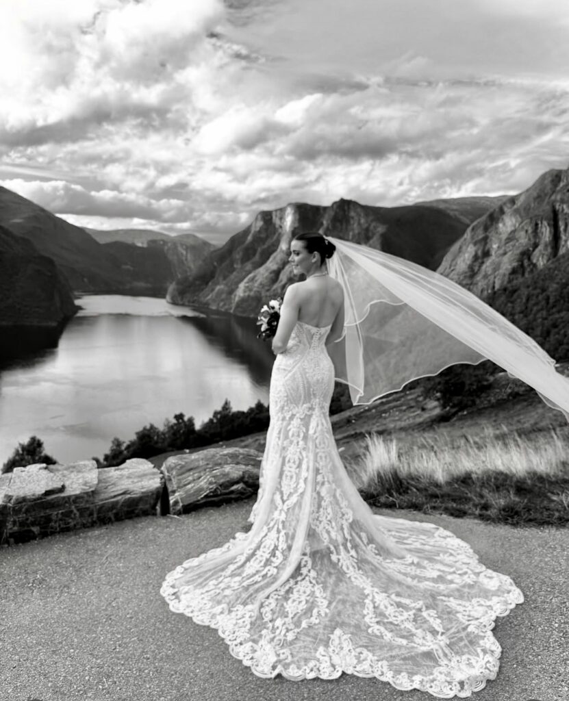 Martina Liana bridal alterations for a Dartford bride overlooking the Norwegian fjords black and white