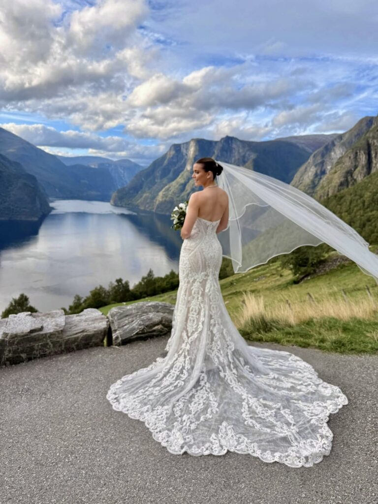 Martina Liana bridal alterations for a Dartford bride overlooking the Norwegian fjords