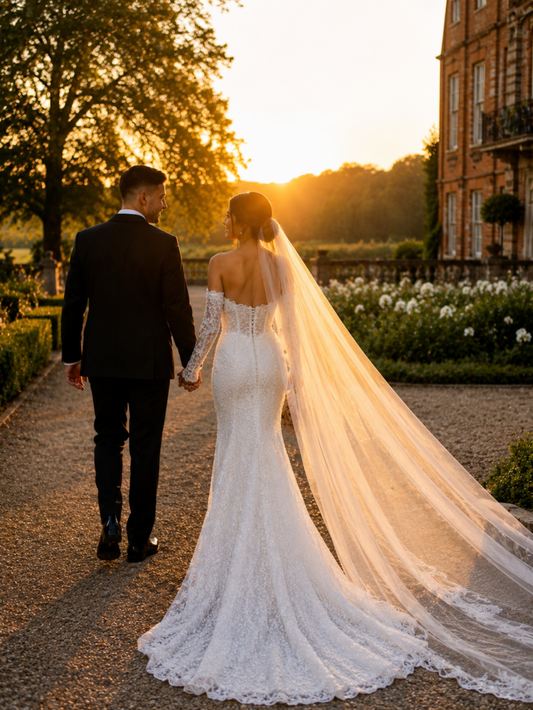 Wedding dress alterations Wimbledon bride wearing fitted lace wedding dress after specialist alterations walking in the sunset 