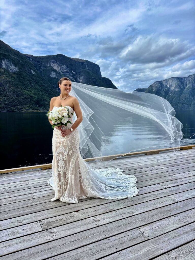 Martina Liana bridal alterations for a Dartford bride overlooking the Norwegian fjords