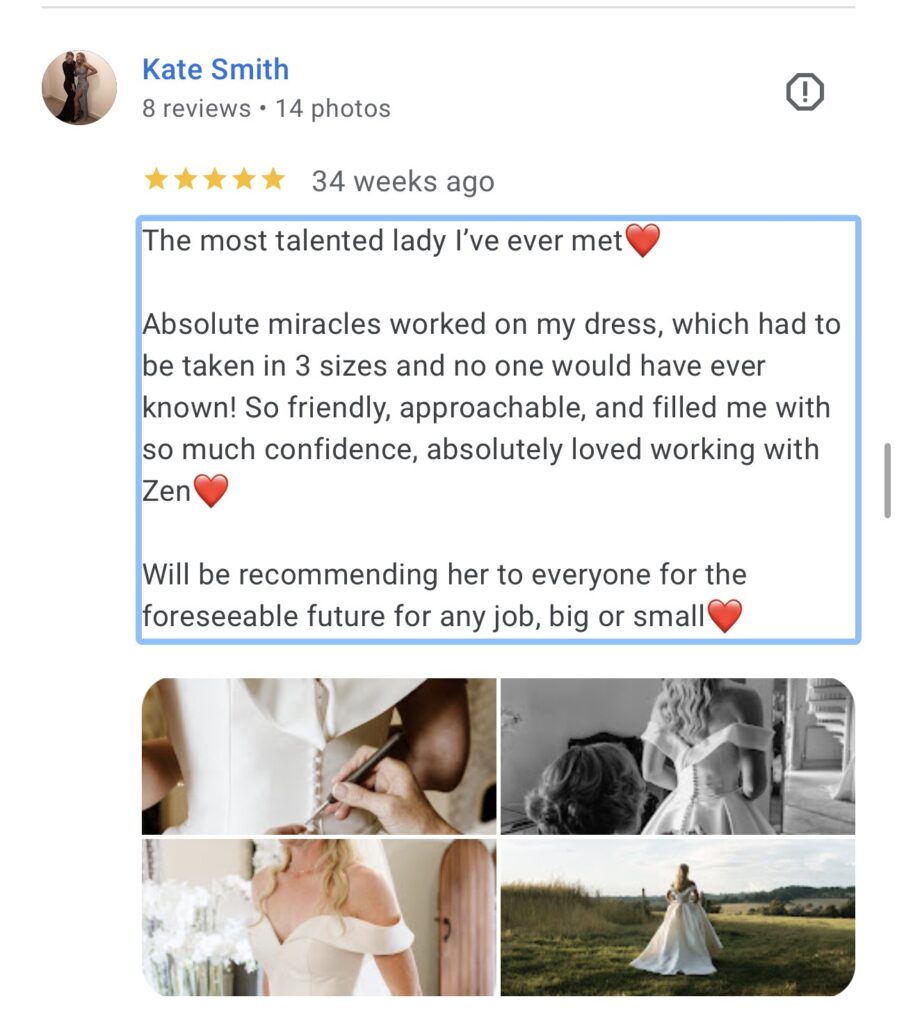 review by bride acknowledging expertly executed three-size reduction alterations
