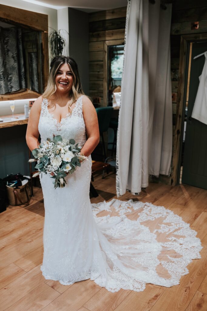 Wedding Dress Alterations WED2B Diego gown with illusion back and lace train for a Horsham bride happy