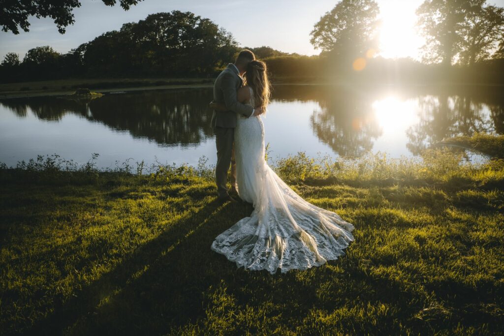 Wedding Dress Alterations WED2B Diego gown with illusion back and lace train for a Horsham bride golden sunset