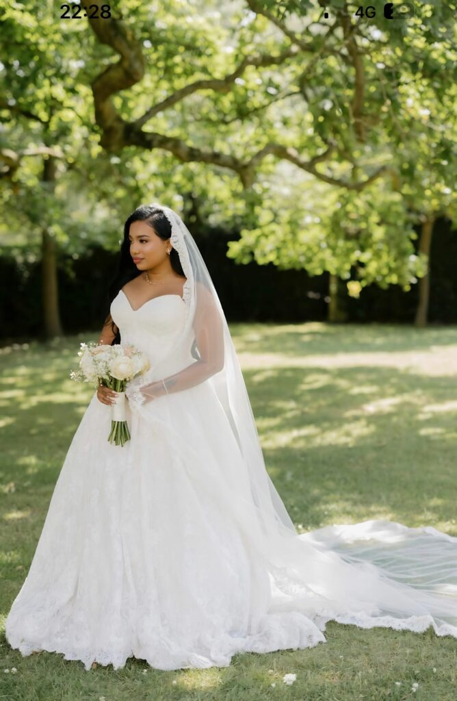 Couture bridal alterations specialist completed this Allure Abella Carrington wedding dress for a Carshalton bride for a church wedding in Sacred Heart Church Wimbledon.