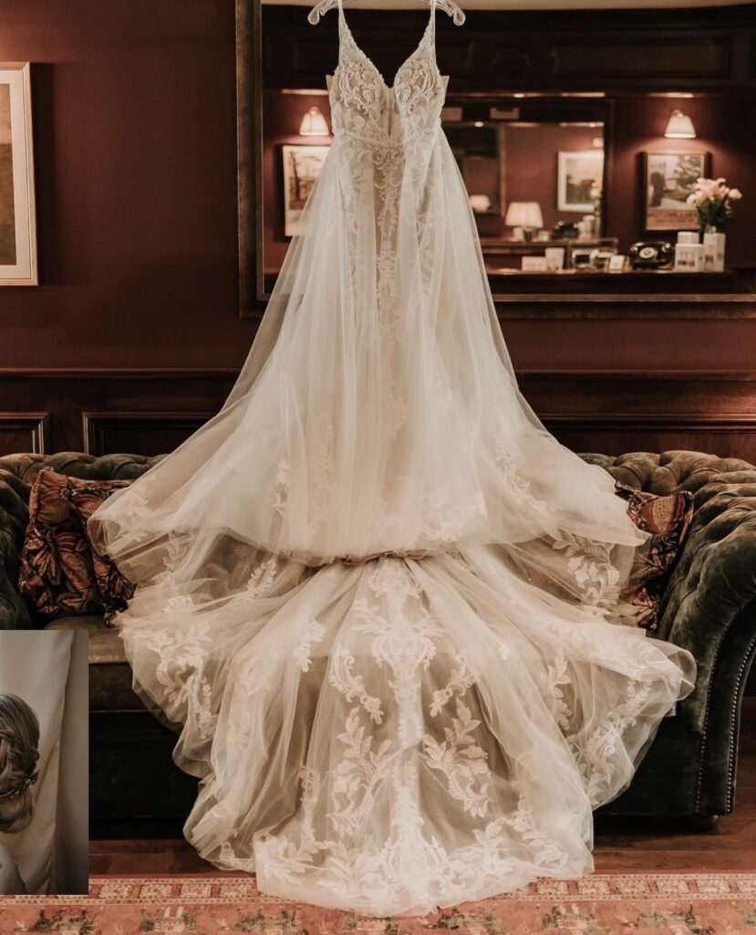 Essense of Australia wedding dress after couture alterations by an expert bridal alterations seamstress serving Surrey & Sussex Brides.